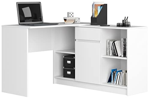 AKORD | Bureau avec Rangement B-17 | Commode avec 1 Tiroir 1 Compartiment de Rangement avec Porte et 2 Étagères Ouvertes | d'angle | Meuble | L120 x H79/77 x P126 | 68 kg Blanc