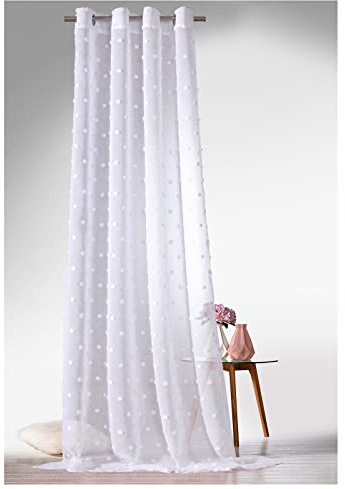 heimtexland ® Boho Vorhang Leinen Optik Transparent Deko Pompoms Ösenschal Gardine Typ764 (Weiß, HxB 245 x 135 cm)