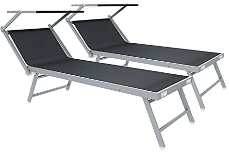 Coppia Di Lettini Prendisole 720 gr/m² Pieghevole Professionale In Alluminio Tettuccio Orientabile Parasole Sdraio Lettino Prendi Sole Mare Spiaggia Piscina Giardino 182 x 60 x 38 cm (Grigio Scuro)