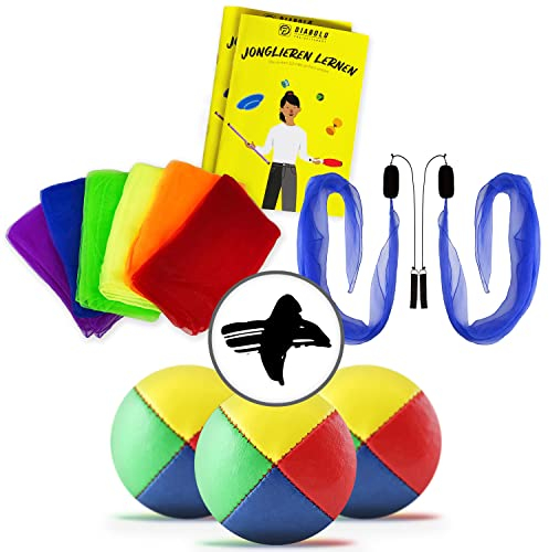 Diabolo Freizeitsport Jonglierset für Anfänger - 2 Leucht Pois (blau), 3 Profi Jonglierbälle & 6 Tücher - Perfekter Start als Jonglageeinstieg