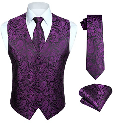 HISDERN Chaleco morado para hombre, chalecos de Cachemira, corbata Jacquard, pañuelo cuadrado de bolsillo, chaleco ajustado para boda, fiesta, negocios, conjunto de traje 3XL