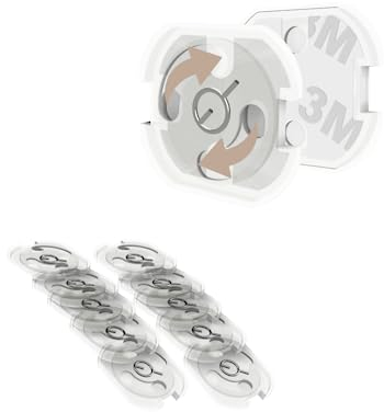 10 x Steckdosensicherung Steckdosenschutz Transparent zum KLEBEN extra starker Halt Kindersicherung Steckdosen Drehmechanik Schuko Erstausstattung