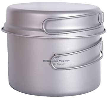 Boundless Voyage Ti2110C - Pentola in titanio da 1200 ml, con padella da 500 ml, ultra leggera, con manico pieghevole, per picnic all'aperto, cucina