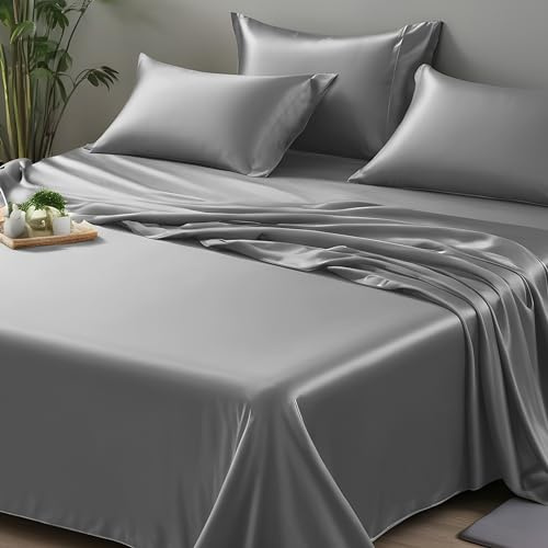 LINENWALAS Sábana encimera de seda de bambú 100% orgánico, sábana plana para cama de tamaño doble, ropa de cama suave, transpirable, refrescante, de lujo (gris claro, doble)