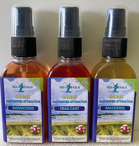 Sea Fishing CRAB CART - MACKEREL - RAGWORM - 3 x 50ml Natural Saline Bait Sprays for Bass, Cod, Pollock and Mackerel lures