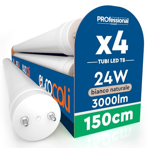 Eurocali 4 Tubi LED 24W 150cm T8 G13 con Starter 3000 Lumen Garanzia 3 Anni - Luce Naturale 4000K - Alta Luminosità 125 lm/W - Materiale Nano Plastic Sostituzione Neon per Soffitto Garage Negozio