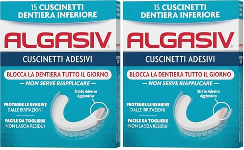 Algasiv Cuscinetti Adesivi per Dentiera Inferiore, Dura tutto il Giorno, Tenuta 20 Volte più Forte, 15 Pezzi (Confezione da 2)