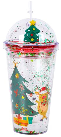 Weihnachts Wasserflasche Glitzernder Doppelwandiger Becher mit Strohhalm und Deckel Weihnachtsmann Weihnachtsbaum Wiederverwendbarer BPA-freier Trinkbecher für Weihnachtsfeier Geschenke 450 ml (B)