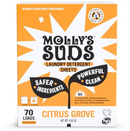 Molly's Suds tvättmedelslakan | Skonsam mot känslig hud, kraftfulla växtbaserade enzymer, fläckbekämpning | Flytande och plastfri förpackning | 70 laster (Citrus Grove)