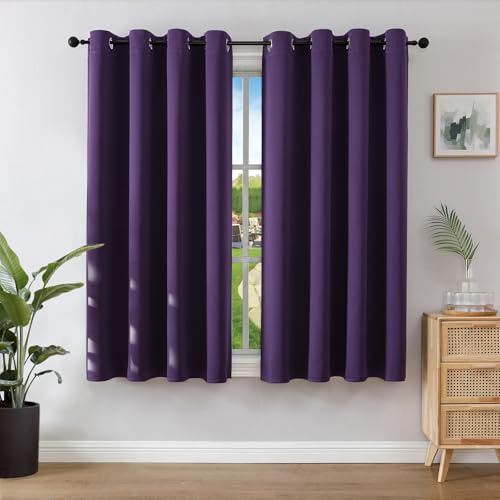 Joydeco Blackout Curtains for Bedroom 46 x 54 Inch, Eyelet Thermal Insulated Energy-saving Drapes for Room Darkening Light Filtering, Short Window Treatments 54 Inch Drop, 2 Panels - Dark Purple