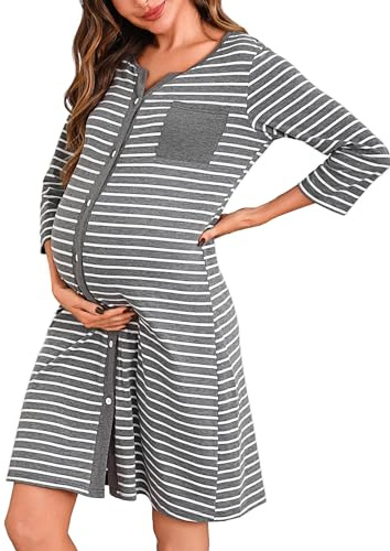 Marvmys moderskap nattlinne för sjukhus amning nattkläder 3/4 längd ärmar amning nattlinne button-down sovskjorta v-hals pyjamas mjuka myskläder för gravida kvinnor, A-mörkgrått, XXL