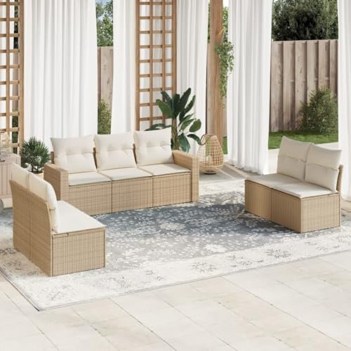 ULUYYUC 7-TLG. Garten-Sofagarnitur, Schlafsofa Hocker Küchensofa Eckbankgruppe Geeignet für Garten Außenbereich Balkon Hinterhof mit Kissen Beige Poly Rattan