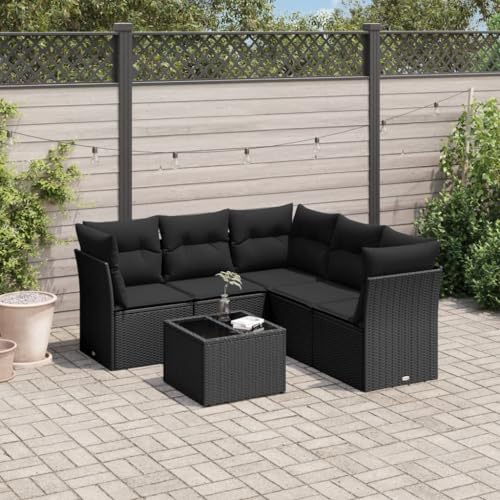 ULUYYUC 6-TLG. Garten-Sofagarnitur, Bodensofa Küchensofa Schlafsessel Mit Bettfunktion Gartenstühle Geeignet für Hinterhof Balkon Garten Außenbereich mit Kissen Schwarz Poly Rattan