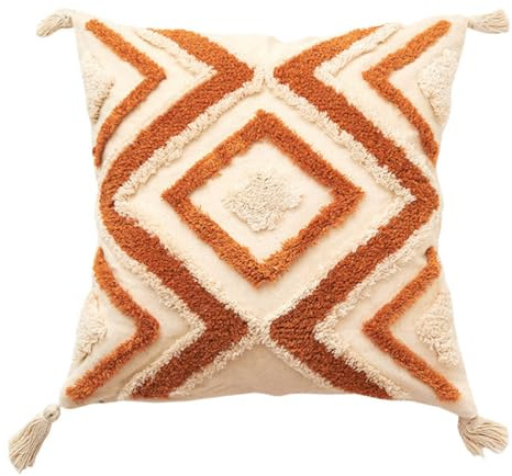 Alipis Boho Kissenbezug 45x45 cm - Dekorative Kissenhülle mit Tasseln und Tufting - Handgewebte Weboptik für Sofa Couch und Schlafzimmer - Modernes Ethno-Design in Beige und Orange