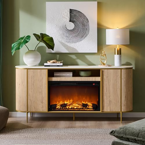 OKD Soporte de TV de lujo con chimenea estriada de 70 pulgadas, centro de entretenimiento moderno y elegante para televisores de hasta 80 pulgadas, consola de TV con parte superior de mármol