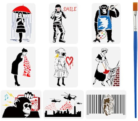 FINGERINSPIRE 9Pcs Pochoir de Personnages Banksy 21X29.7cm Pochoirs de Peinture Chimpanzés Avec Brosse Bambou Parapluie Fille de Pluie Dessin Grands Pochoirs Modèles D'Hélicoptère pour Tissus Meubles