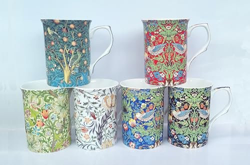heritage William Morris Assorted New Designed 10oz Castle Mugs Set of 6 by CHINACAVE - Premium Fine Bone China Cups and Mugs - Professional Quality for Kitchens, Restaurants, Cafes