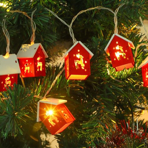 DWE Christmas Lights, 6.56 FT 10 LED Wooden House Christmas String Lights Battery Operated Xmas Tree Decorations Lights for Xmas Tree Window Wall Home Garden Outdoor Indoor Party Decor (Red)
