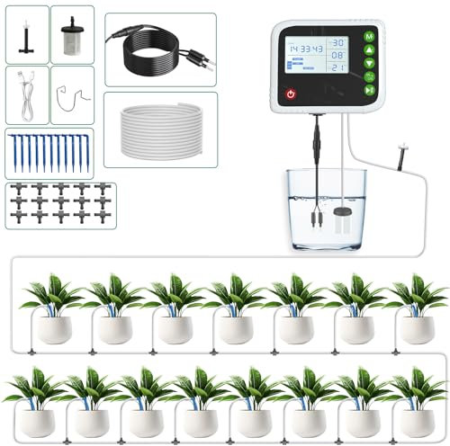 PChero Rechargeable Irrigation System Kit, Automatic Self Watering System with Timer Garden Greenhouse Drip Irrigation System with 15M Hose for Pots Lawn Indoor Outdoor Plants