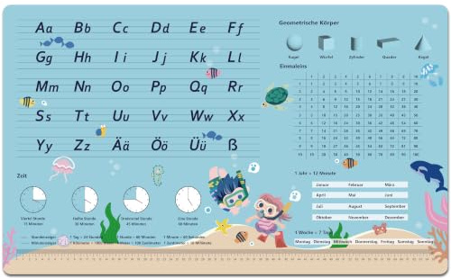 Schreibtischunterlage für Kinder - Unter dem Meer ABC Lernen Schreibtischunterlage - 70 x 40 cm - Doppelseitige PU-Leder Schreibunterlage - Abwischbar, öl- und schmutzabweisend, weiche
