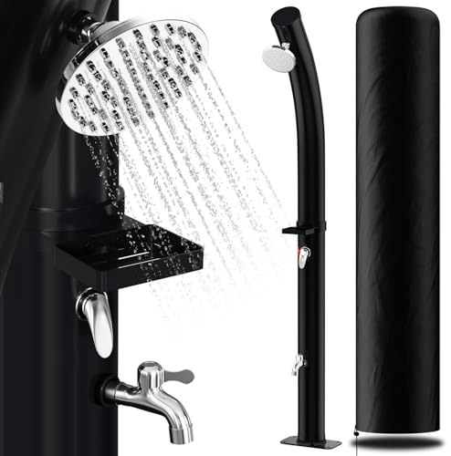 Randaco Ducha solar con arco solar para jardín, agua caliente hasta 60 °C, sin conexión eléctrica, ducha de piscina, camping con ducha de pies y estante de ducha, cabezal de ducha de lluvia giratorio,