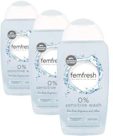 Femfresh 0% Sensitive Intimate Wash - Feminine Hygiene Shower & Bath Gel Cleanser - pH Balanced, Soap Free, Fragrance Free Vegan Formula - w. Purifying Lotus Flower Extract to Soothe & Protect - 250ml