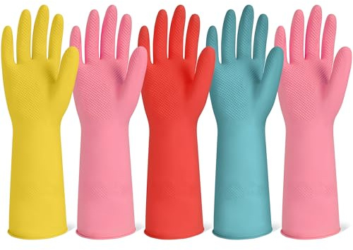 Xgunion Rubber Cleaning Gloves for Dishwashing-5 Pairs Colorful Reusable Household Cleaning Glove for Washing Dishes and Kitchen Cleaning Non-Slip Grip Dish Gloves for Women Men (Medium)
