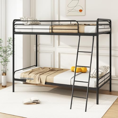 COSTWAY Metal Bunk Bed, Single over Single Loft Bed Frame with Ladder, Safety Guardrail and Underbed Storage, Space-Saving Bedroom Dorm Apartment Twin High Sleeper Beds for Adults, Black