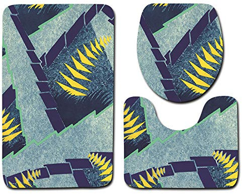Badezimmerteppich Dunkelgrüne Geometrie WC Vorleger mit Ausschnitt WC Deckelbezug 3 Teiliges WC Teppich rutschfeste Badgarnitur U förmiger Badematte Waschbar Bad Teppiche Set 50x80 cm