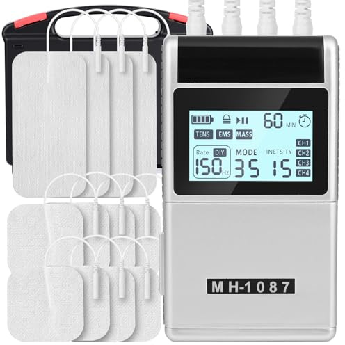 Electrostimulateur Musculaire 4 en 1, Unité TENS & EMS & Massage avec 12 Électrodes, Stimulateur Musculaire Rechargeable pour Soulagement de la Douleur et Thérapie Électrique (Mode 48)
