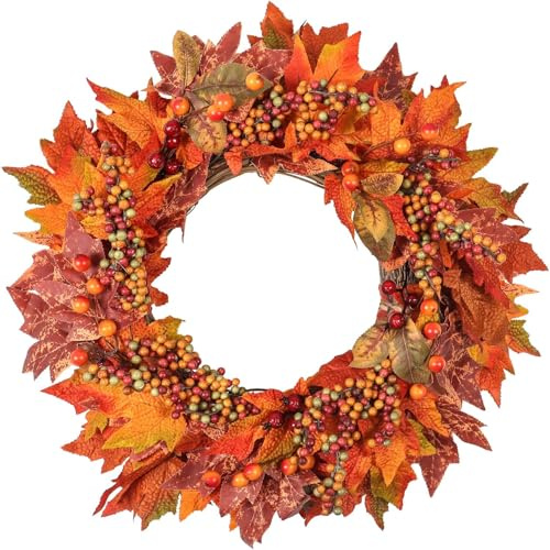 Weldomcor 20 inch Autumn Wreath Front Door, Large Artificial Wreath Fall Wreath with Maple Leaves and Berries for Farmhouse Fireplace Window Wall Thanksgiving Halloween Harvest Festival Celebration