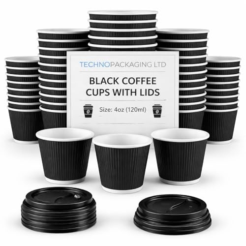 4oz Espresso Extra Small Black Disposable Kraft Paper Ripple Cups with Lids - Pack of 200 Insulated Triple Wall Takeaway Drinking Cup - Great for Coffee, Tea, and Hot Drinks - Reusable Paper Cups