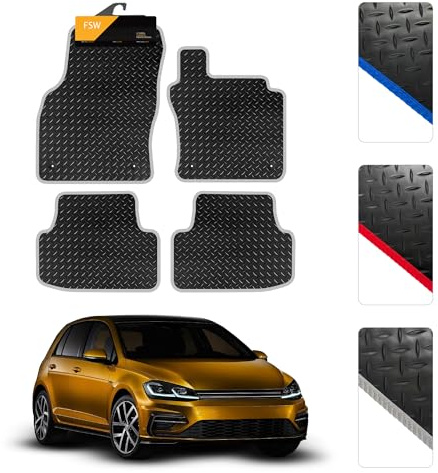 FSW Car Mats Fits Volkswagen Golf 2013-2019, 3mm Rubber, Silver Trim | 4-Piece, Custom Tailored Fit, Heavy-Duty Anti-Slip, Waterproof