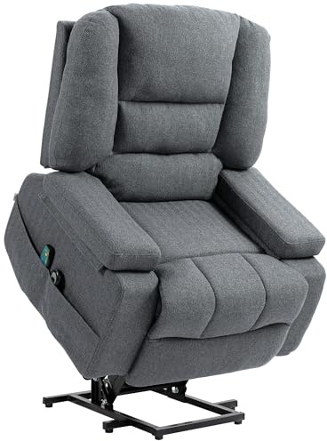 HOMCOM Poltrona Elettrica Alzapersona Reclinabile con 8 Punti Massaggio, Poltrona Relax Elettrica con Braccioli Ripiegabili, Poggiapiedi Riscaldato, Tessuto Effetto Lino, Grigio