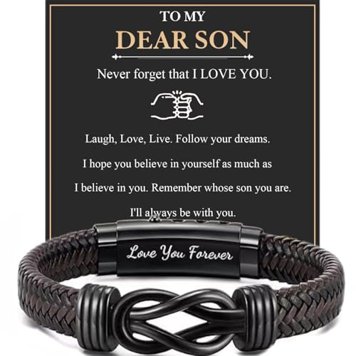 JJBAOER Adjustable Son Bracelet - Engraved Braided Leather Jewellery Gifts from Mum & Dad for Boys' 18th Birthday, Christmas, Graduation & Back to School (Upgraded Style)