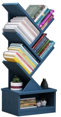 Libreria a Forma di Albero a 6 Livelli, Scaffale for Libri, Libreria Stretta con Armadietto, Adatta for Soggiorno e Ufficio in Casa(Blue)