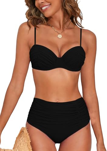 NLAND Baddräkt för kvinnor med hög midja platt mage set vadderad push-up bikini set med bygel badkläder strandkläder, svart, M