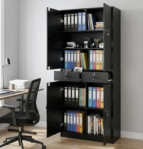ZECIIYE Aktenschrank Abschließbar 200 cm Hoch, Mehrzweckschrank Holz, Büroschrank mit Schloss & Schubladen, Verstellbare Regalböden, Werkzeugschrank, Schwarz für Küchen, Schlafzimmer, 78x40x200 cm