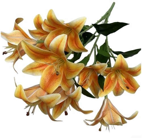 Fiori di giglio artificiali, 59 cm, stampati in 3D, realistici al tatto, con 9 fiori, per matrimoni, decorazioni per la casa, accessori fotografici (arancione-giallo)