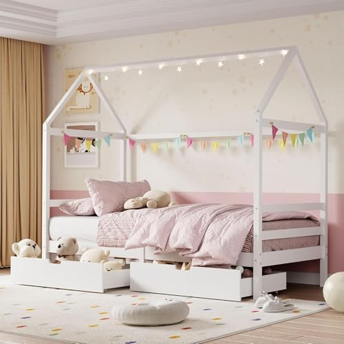 Fulasofia Toddler House Bed Frame for Kids, Single Wooden Bed with 2 Storage Drawers and Roof, Solid Pine Wood Playhouse Bed for Boys Girls Childrens Bedroom Furniture, White, 90x190cm
