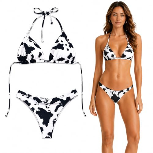 Costume da Bagno Donna Bikini a Triangolo con Lacci e Slip (Coppe Estraibili)– Fantasie Floreali e Animalier – Set Due o Tre Pezzi Mare Piscina (IT, Testo, S, Regular, Regular, MUCCATO Nero)