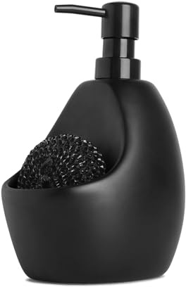 Umbra Joey Keramik Seifenspender mit Schwammhalter, 590 ml, Schwarz | Robuste Bauweise, einhändige Bedienung, platzsparendes Design, für Küche und Bad, 2-in-1 Funktion