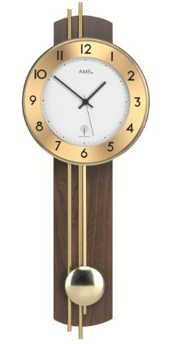 AMS 5266/1 Wanduhr, Klassische Funkpendeluhr in Nussbaum, analog mit arabischen Zahlen, Mineralglas und Messingstäben, batteriebetrieben, hochwertige Wohnzimmeruhr und Bürouhr, Maße: 22 x 62 x 8 cm