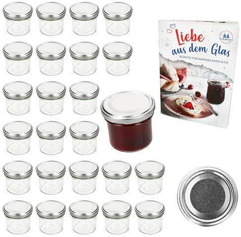 MamboCat 25er Set Sturzglas 125 ml mit Schraub-Deckel Silber I Einmachgläser + to 66 Deckel mit Diamant-Zucker-Rezept I Vorratsgläser konservieren & sterilisieren