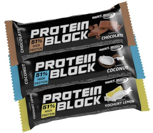 Best Body Nutrition Protein Block High-Protein-Riegel Mix Box, 15 x 90 g | Eiweißriegel mit Vollmilchschokoladenüberzug, ohne Zuckerzusatz, aspartamfrei, einzeln verpackt, Mix Box