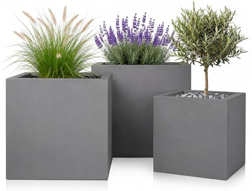 Pflanzwerk® Pflanzkübel Fiberglas Cube Grau 3er-Set 23cm + 28cm + 34cm *Frostbeständig* *UV-Schutz* *Qualitätsware*