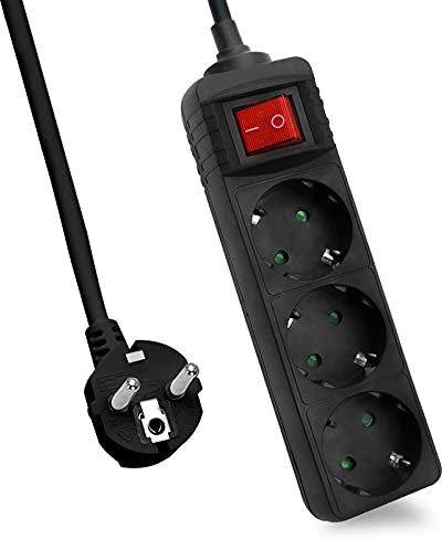 Helos 3 Way Power Strip (Power Strip with Save Energy Switch, 45° Oriented Sockets, GS/CE Certified, Home Office Power Strip) Black