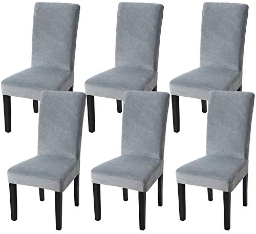 Fuloon Stuhlhussen Samt, Universal Stuhlüberzug,6er Set Stretch Stuhlbezug Protector Cover, Abnehmbar Waschbar Chair Cover für Hotel, Esszimmer, Zeremonie, Bankett Hochzeit Party,Grau
