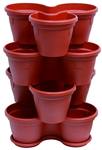 Gariella 4X Blumentopf Säulentopf Pflanzturm Hochbeet Pflanztopf-Kübel mit Untersetzer stapelbar bruchfest widerstandsfähig farbig Kunststoff