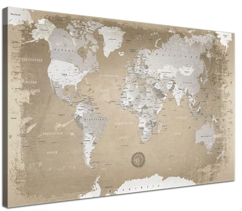 LANA KK - Premium Pinnwand Weltkarte - Natur - Deutsch - in 100 x 70 cm, stabile Rückwand zum Pinnen inkl. Starterkit - Leinwand-Kunstdruck Wandbild Landkarte XXL